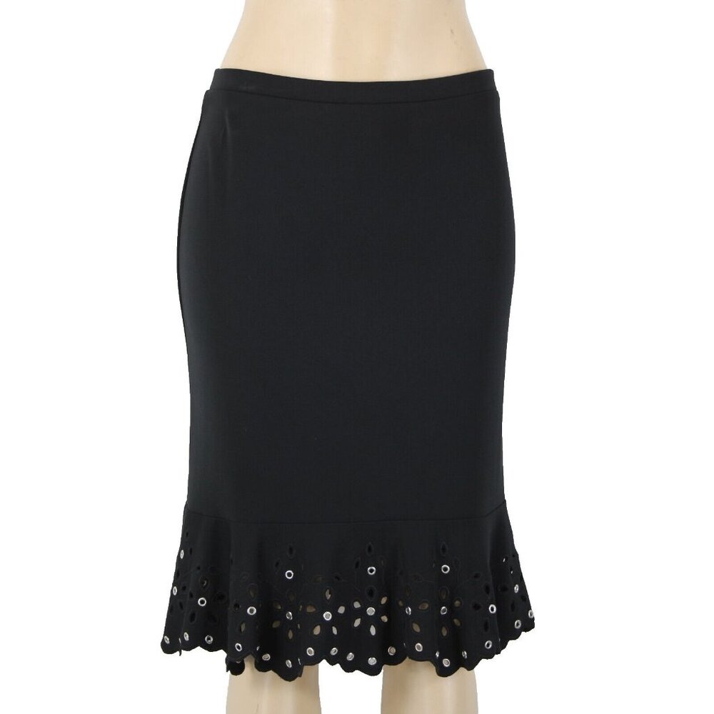 Michael Kors Sz 6 Black Silver Rivets Keyholes Elastic Waist 100% Poly Skirt